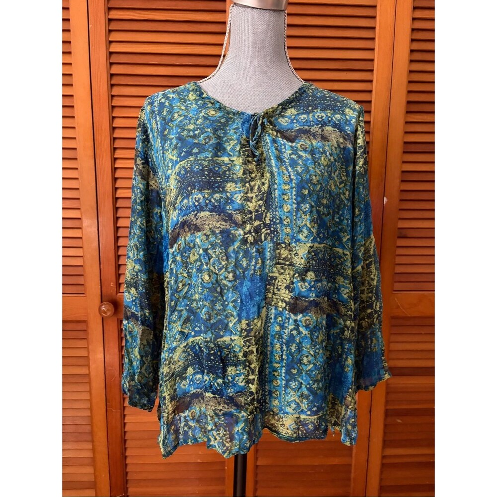 Y2K Silk Teal and Olive Patterned Boho Neck Tie Blouse